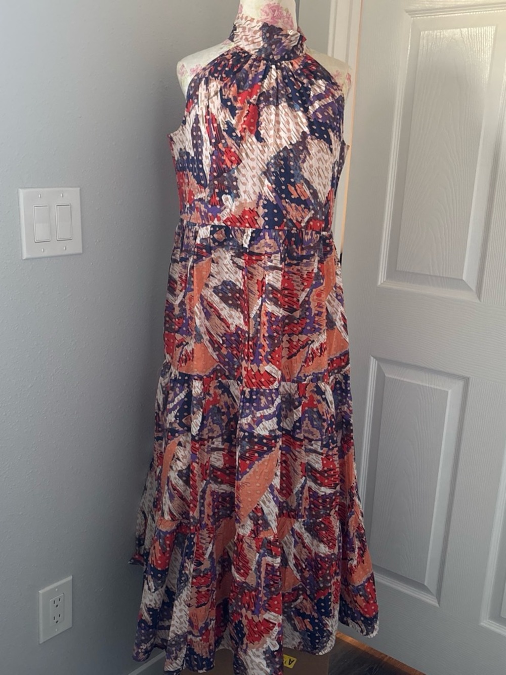 THML Halter Maxi Dress in Navy, Rust & Cream